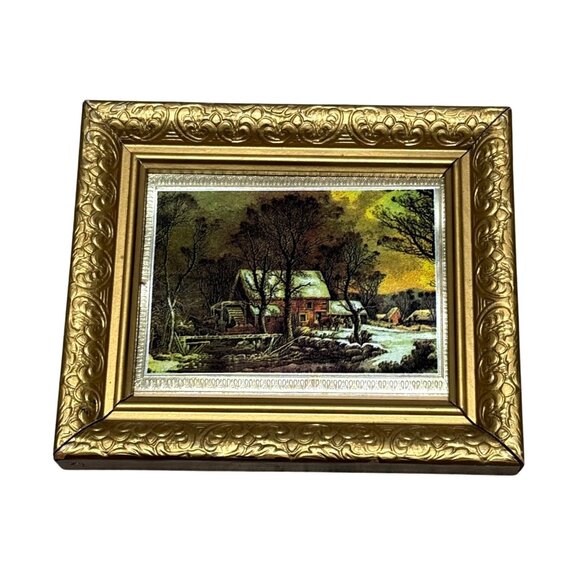 Currier Ives Rustic Winter Farm Wall Art Set of 2 VTG Framed Prints Americana - Picture 5 of 12
